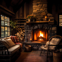 Sticker - A cozy fireplace in a rustic cabin. 