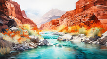Watercolor Artwork Depicting Vibrant Autumn Trees And Red Rock Formations Along A River Flowing Through A Canyon.