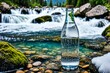 Mineralwasserflasche vor einem Bach im Gebirge 