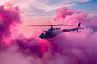 Helicopter with pink smoke flying in the sky for a special event.  Pink smoke-powder. Bomb-Pink. Impressive holiday pink smoke powder flight for parents to share a news.