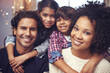 Parents, children and family portrait in house with smile connection with comfort, support or love. Mother, father and siblings face in living room for youth development or casual, holiday or care