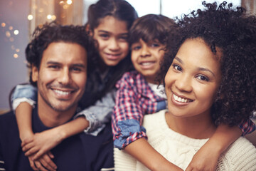 Wall Mural - Parents, children and family portrait in house with smile connection with comfort, support or love. Mother, father and siblings face in living room for youth development or casual, holiday or care