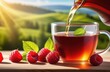 raspberries and leaves are poured into a glass cup of tea on top on a bright sunny background 