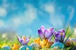 Spring Has Sprung. Blooming Crocuses and Easter Eggs Under a Bright Blue Sky, Perfect for Easter Celebrations and Seasonal Themes. 3:2 Aspect Ratio with Copy Space