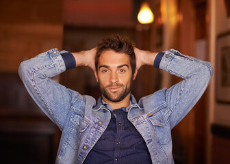 Aufkleber - Portrait, smile and handsome male person in home, fashion and denim for relax or holiday. Confidence, smirk and style for man model with hands behind head, trendy and on vacation in Texas house