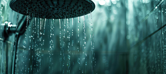 Wall Mural - Refreshing Cascade: Rain Shower in Action. Close-up of water droplets cascading from a rain shower head, capturing the essence of a refreshing shower, copy space.