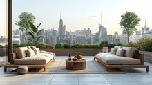 Rooftop Terrace Mockup, Sparse Modern Furniture, City Skyline View