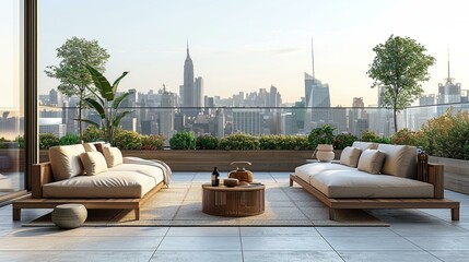 Rooftop terrace mockup, sparse modern furniture, city skyline view