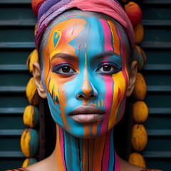 Sticker - Portrait of a person with colorful face paint. 