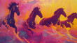 A herd of wild horses galloping through a vibrant abstract fluid background.