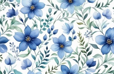  Seamless watercolor blue colour floral pattern on a white background 