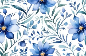  Seamless watercolor blue colour floral pattern on a white background 