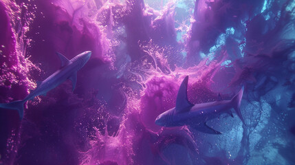 Wall Mural - A school of sharks swimming in a mesmerizing abstract fluid background.