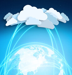 Poster - Cloud computing, icon and global with graphic, data and connectivity with digital transformation. Networking, futuristic expansion and information technology with online server for earth with map