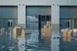 Dynamic angle showing a warehouse with a flooded entrance, parcels floating out, depicting the impact of natural disasters on logistics