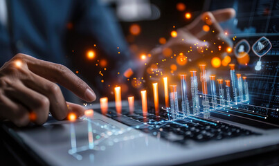 Poster - Business Professional Analyzing Financial Growth on Laptop with Virtual Interactive Increase Graph and Glowing Trend Line