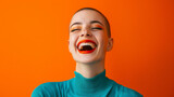Fototapeta Most - Vivid Expression: Joyful Woman with Glitter Makeup Laughing on Orange Background