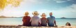 © Amir - Happy elderly friends sit on the beach near the ocean, cruise ship as a background, trend for individuality, magazine photography, professional color grading, generative Ai