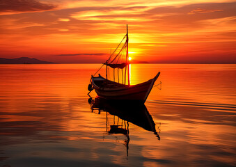 Wall Mural - A boat is floating on a calm body of water with a beautiful sunset in the background. The boat is small and he is a fishing boat. The scene is serene and peaceful, with the sun setting in the distance