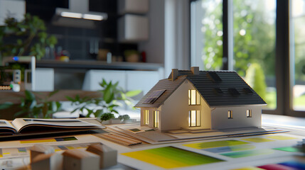 detailed house model placed on a table, accompanied by a Real Estate Energy Efficiency Diagnosis (DPE) document, showcasing the property's energy performance and promoting sustainable real estate