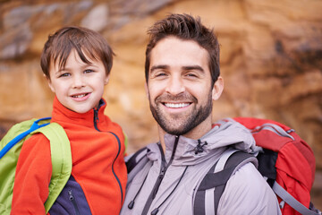 Sticker - Father, child and portrait with hiking, backpack and travel with smile and support in nature. Kid, adventure and mountain with love, trust and bonding together with family and journey for holiday