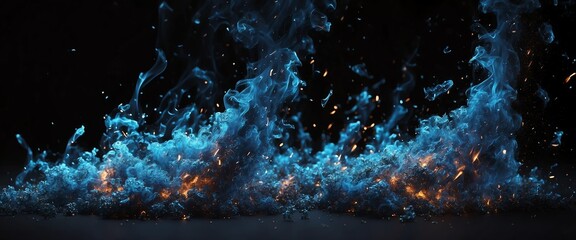 Wall Mural - Abstract blue fire particles with embers and sparkson plain black background from Generative AI