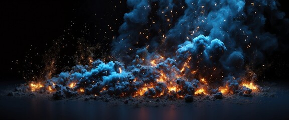 Abstract blue fire particles with embers and sparkson plain black background from Generative AI