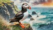Puffin standing on a sea cliff with waves crashing below and a cloudy sky overhead. The puffin's distinctive black and white plumage and colorful beak contrast with the rugged, Ai Generated