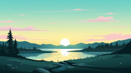 Wall Mural - beautiful view of sunset over lake wallpaper. A landscape of Sunset over lake. landscape with a lake and mountains in the background. landscape of mountain lake and forest with sunset in evening.