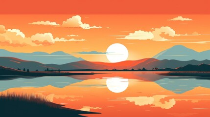 Wall Mural - beautiful view of sunset over lake wallpaper. a landscape of sunset over lake. landscape with a lake