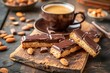 Gourmet Coffee and Chocolate Almond Bar on Rustic Wooden Table, Delicious Snack Pairing for Relaxing Break