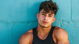 Fototapeta Dziecięca - copy space, stockphoto, very handsome Latino male model, boy-ish handsome look, 20 years old, well athletic build. Very attractive well build photo model. Handsome attractive sporty Latino young man. 