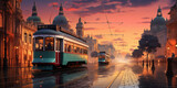 Fototapeta Londyn - Tram in the city at sunset, Istanbul, Turkey. 3D rendering