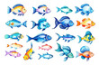 Set of web icons of popular fish pets aquarium salt water ocean sea fish . Collection of different fishes, isolated on white background