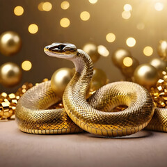 Golden snake among New Year's decorations. Symbol of the new year and wealth. Bokeh background.