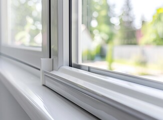 White plastic window profile with glass. handles of closed white plastic window indoor closeup