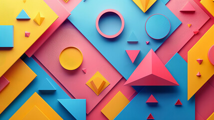 A bold and artistic geometric template with 3D pyramids and parallelograms using a striking color palette