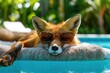 Red fox in sunglasses relaxing near swimming pool on sunny summer day