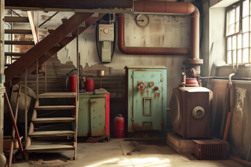 Canvas Print - Basement of an old house with a boiler heating pipes AI Generative