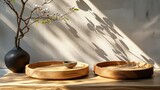 Fototapeta  - Two Wooden Trays on Wooden Table