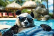 Panda bear relaxing in the swimming pool with sunglasses. Selective focus.