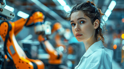 A focused female industrial engineer in a futuristic factory environment programming and coordinating robotic arms with precision