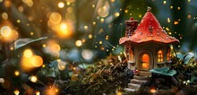 A Charming Little Mushroom Cottage Tucked Away In A Fairy Garden With Fireflies Flashing All Around It