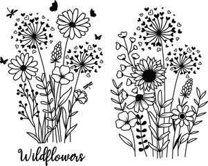 Wildflower Outline Illustration, Easter Spring Floral Illustration