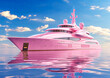 A pink boat is floating in the ocean with a pink airplane flying in the background. The scene is whimsical and playful, with the pink color scheme creating a sense of fun and lightheartedness