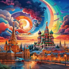 Wall Mural - a painting of a city with a rainbow in the sky