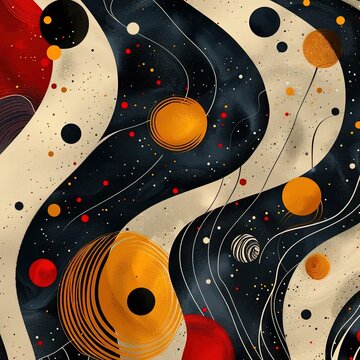 a painting of a black, white, red, and yellow abstract design