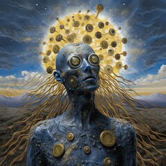 Sticker - a painting of a man with a lot of coins in his head