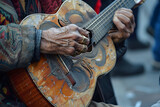 a street musician's hands playing a stringed instrument with passion and dexterity