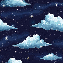 Wall Mural - A blue sky with clouds and stars, seamless pattern